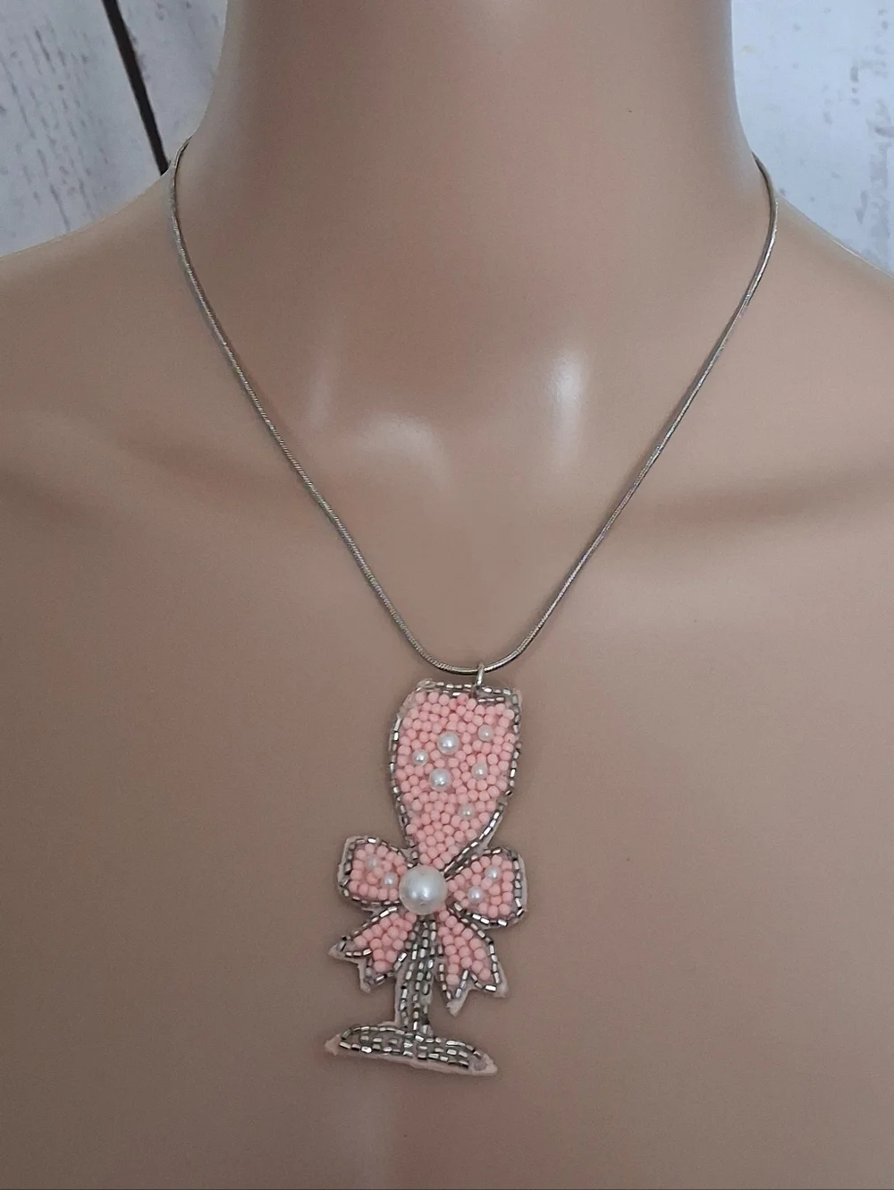 Pink Beaded Bow Champagne Glass Pendant Necklace - Women Jewelry